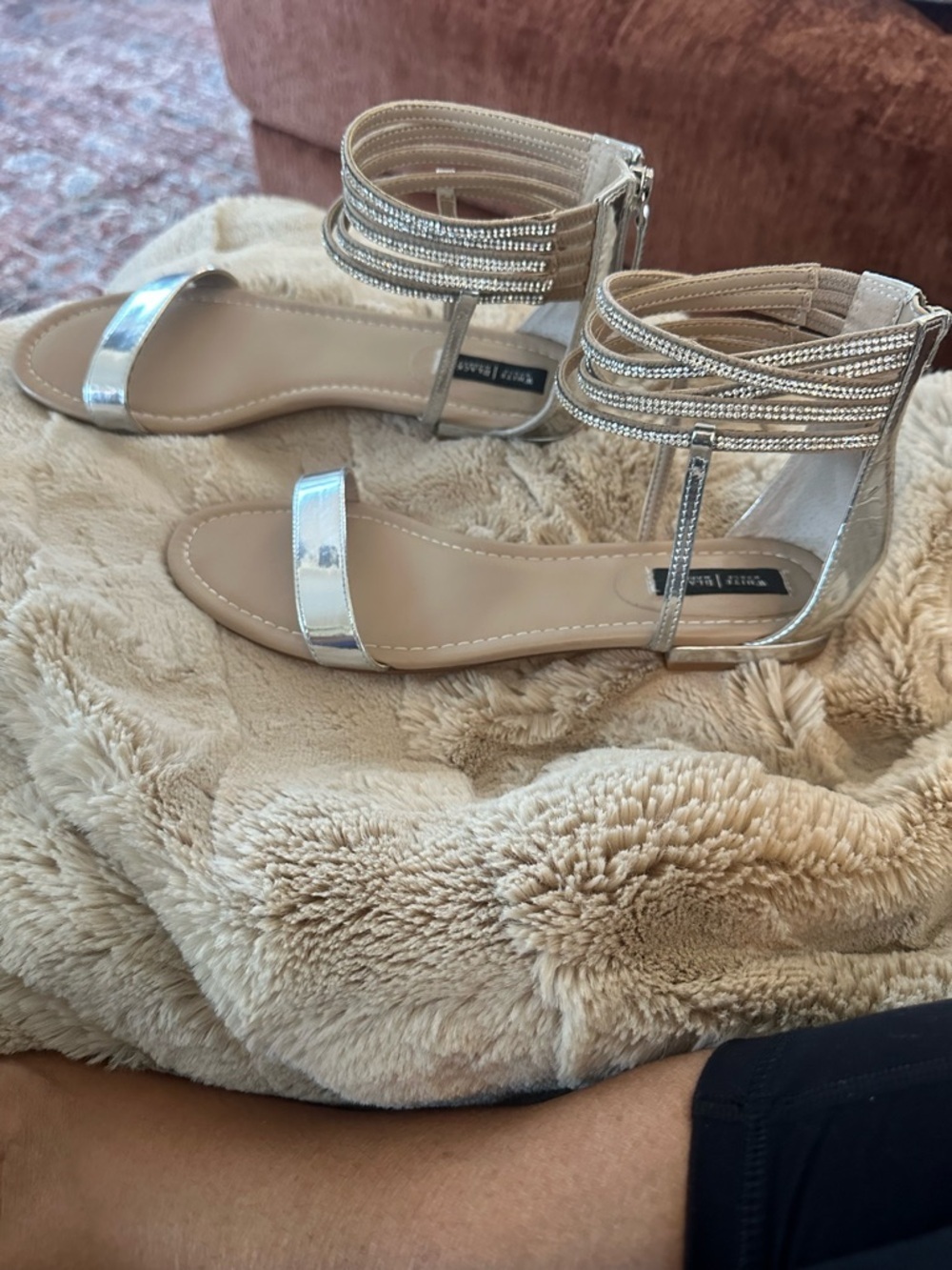 White House Black Market Rhinestone Silver Ankle-Strap Sandals - Picture 2 of 5